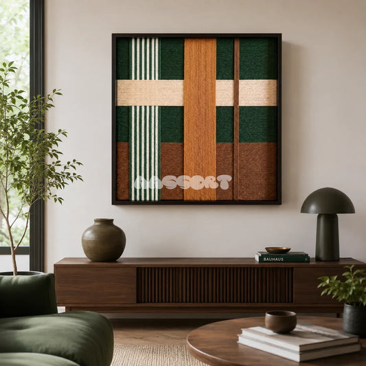 Jade Manor SQ103 framed textile art with emerald, forest green, caramel, mocha brown, cream, and white yarn.