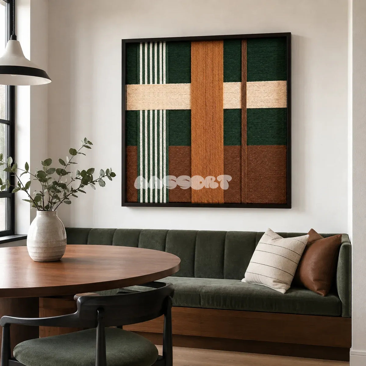 Jade Manor SQ103 geometric textile wall art displayed as a sophisticated heritage-modern interior statement piece.