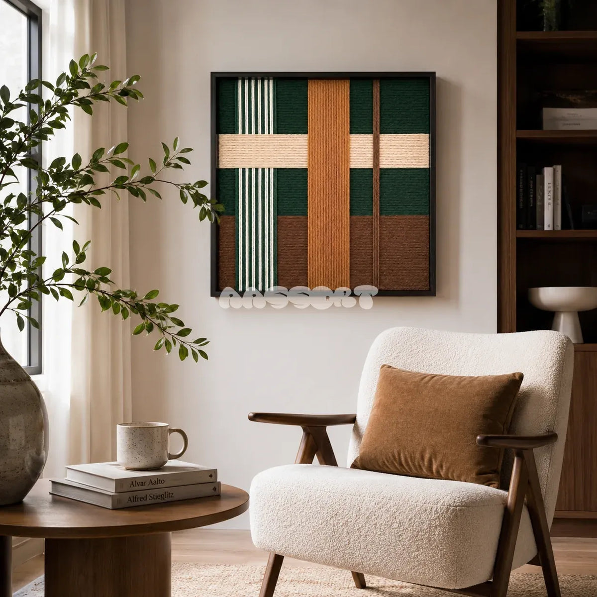 Jade Manor SQ103 framed fiber artwork featuring interwoven green, caramel, cream, and brown yarn panels.