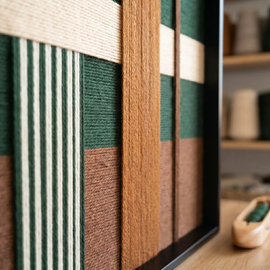 Macro side view of Jade Manor SQ103 showing dimensional layered hand-wrapped yarn texture.