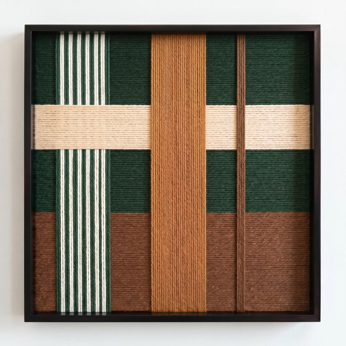Front view of Jade Manor SQ103 geometric yarn wall art in a black square frame on a white background.