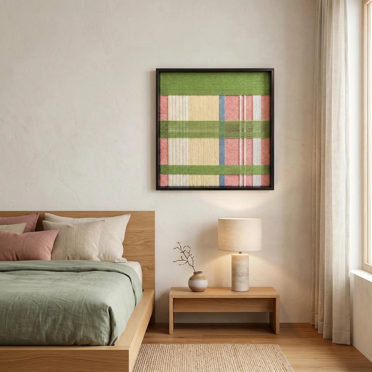 Pastoral Lullaby SQ104 pastel green and pink textile wall art displayed above a wooden bedroom frame.