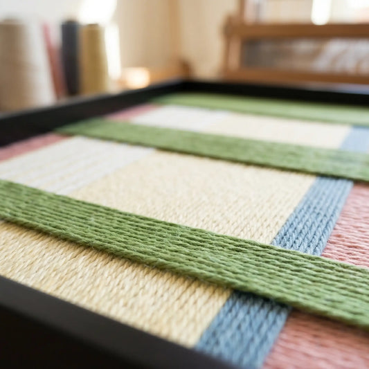 Low-angle studio view of Pastoral Lullaby SQ104 highlighting dimensional multi-directional yarn craftsmanship.