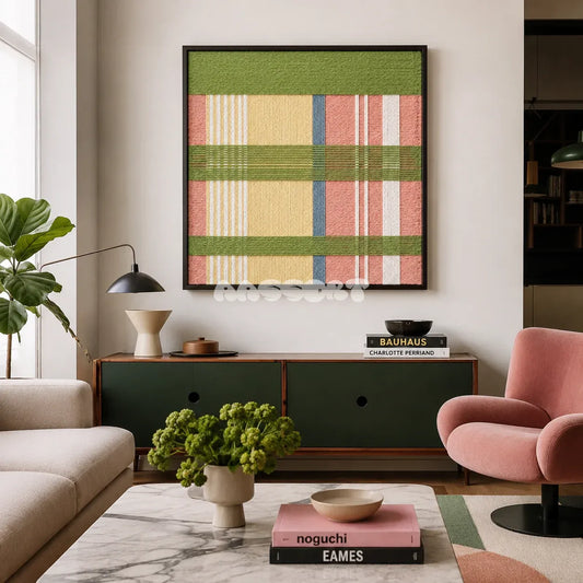 Pastoral Lullaby SQ104 framed textile art with peach pink, blue, spring green, creamy yellow, and white yarn.