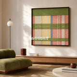 Pastoral Lullaby SQ104 framed fiber artwork featuring overlapping green, pink, yellow, blue, and white yarn blocks.