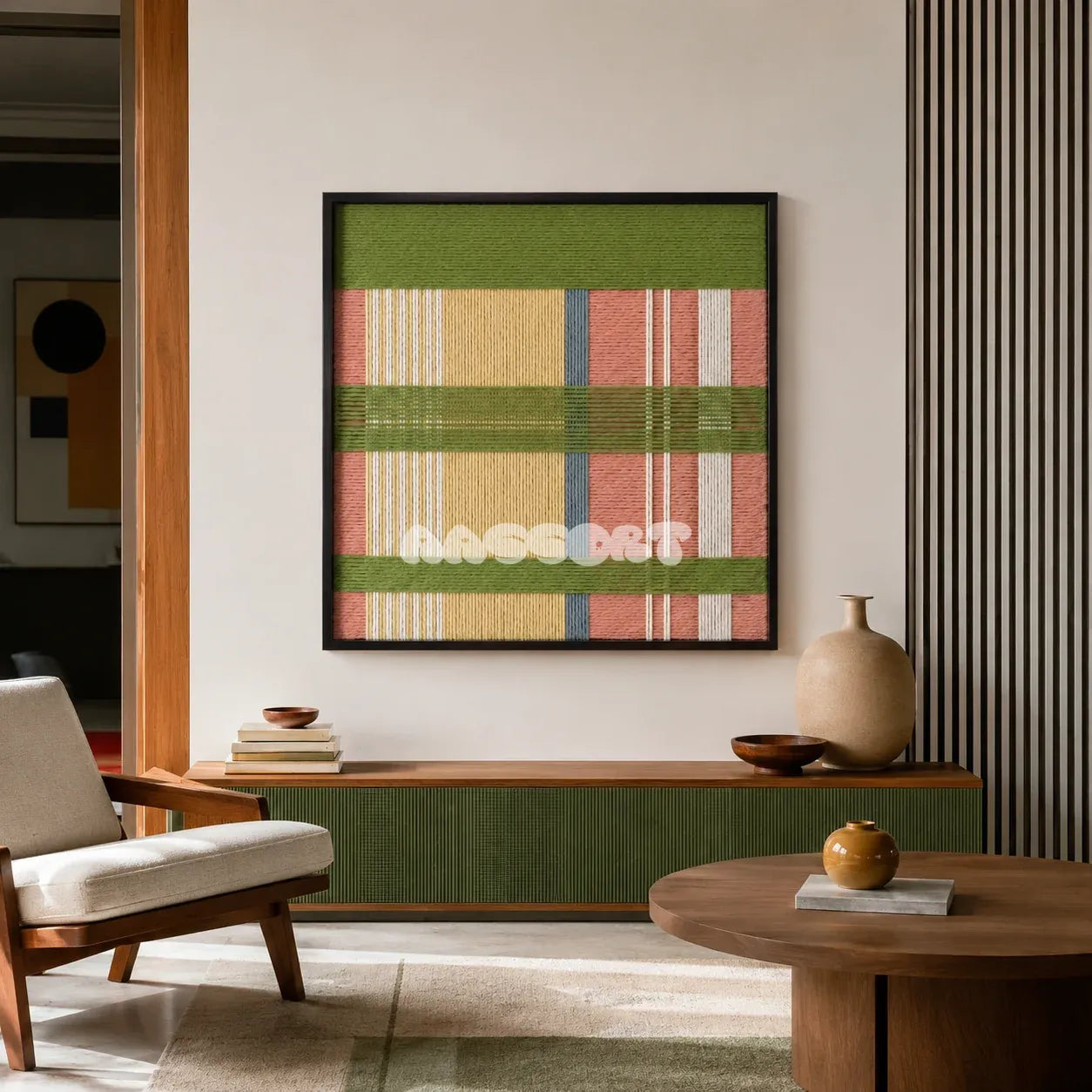 Pastoral Lullaby SQ104 modern geometric yarn wall art in a light, playful framed presentation.