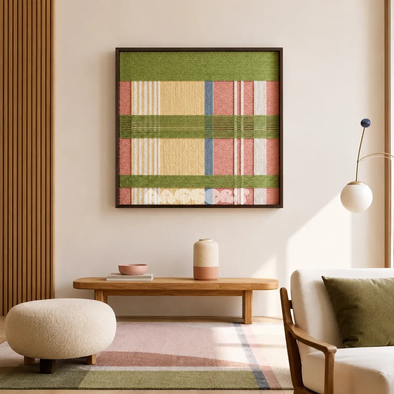 Pastoral Lullaby SQ104 colorful geometric yarn art with soft pastoral tones in a sleek dark frame.