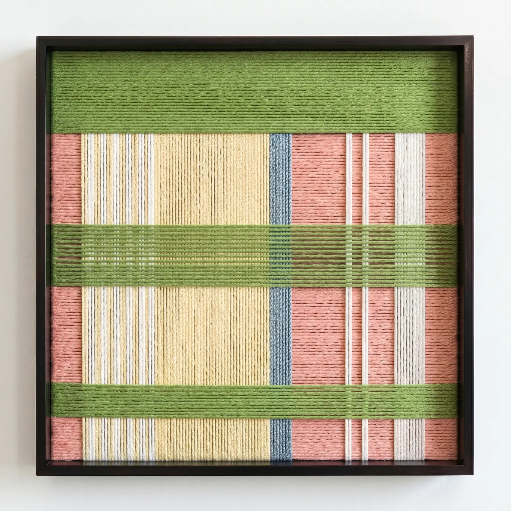 Front view of Pastoral Lullaby SQ104 geometric yarn wall art in a black square frame on a white background.