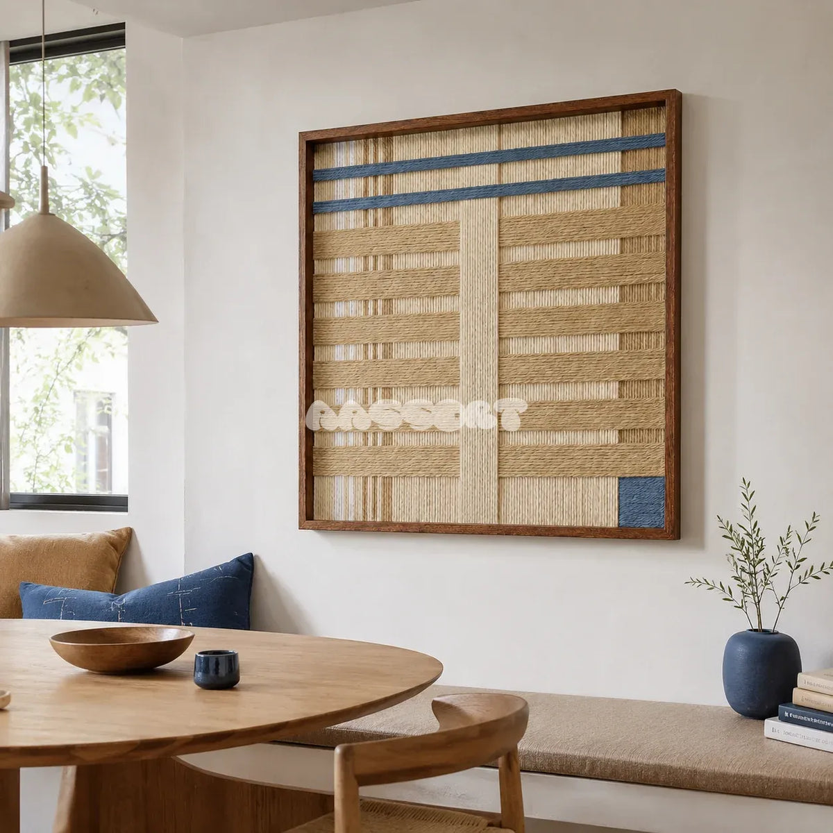 Breathing Shallows SQ105 geometric textile wall art displayed as a serene coastal interior statement piece.
