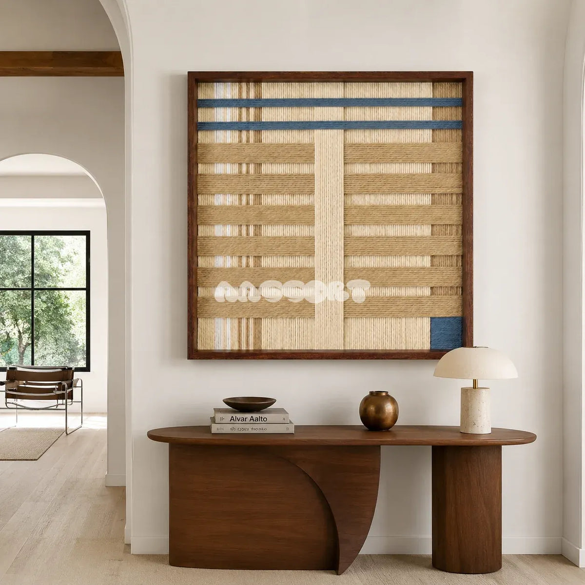 Breathing Shallows SQ105 framed fiber artwork featuring an interlaced neutral grid with slate blue accents.