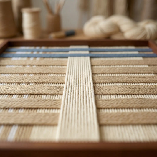 Close-up of Breathing Shallows SQ105 showing layered beige and cream hand-wrapped yarn texture.