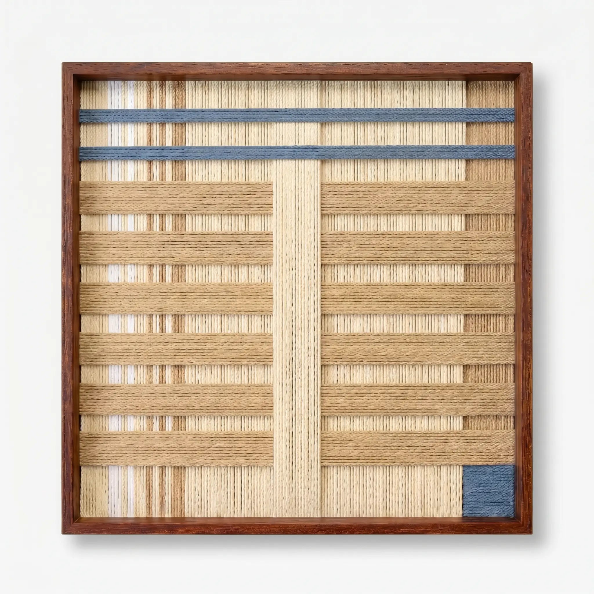 Front view of Breathing Shallows SQ105 beige, cream, and blue yarn wall art in a frame on a white background.