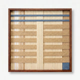 Front view of Breathing Shallows SQ105 beige, cream, and blue yarn wall art in a frame on a white background.