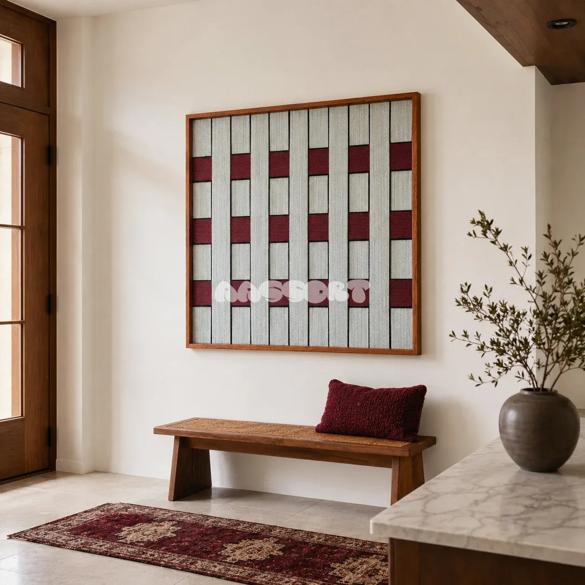 Ruby Lattice SQ106 geometric textile wall art displayed as a bold modern interior statement piece.