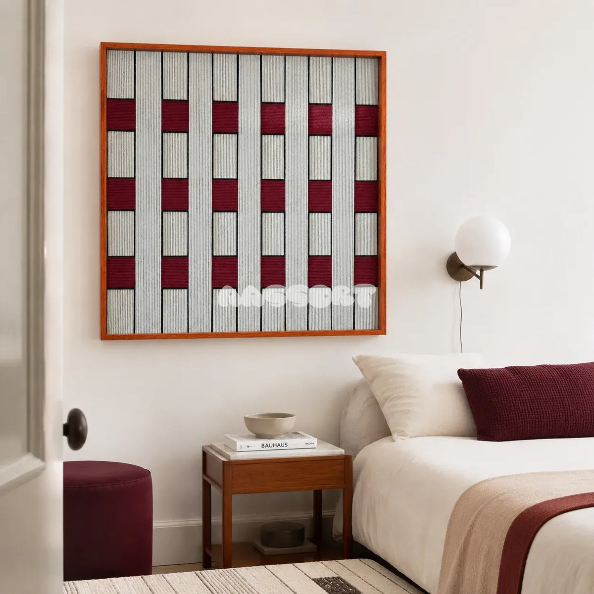 Ruby Lattice SQ106 modern geometric yarn wall art in a sleek framed presentation.
