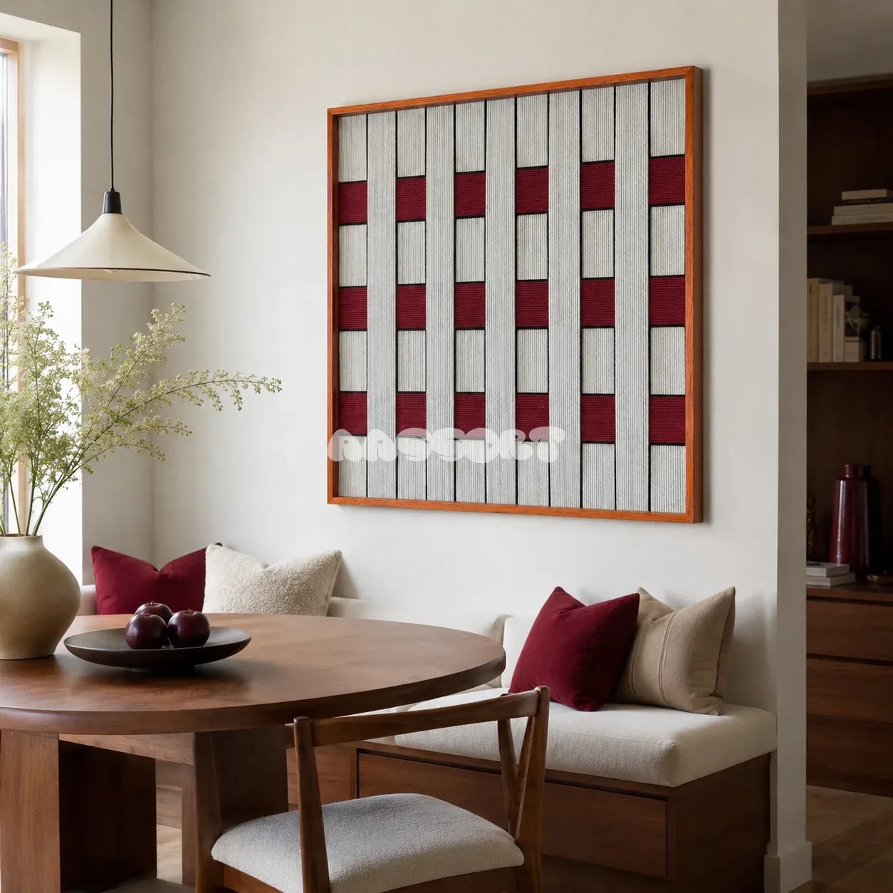 Ruby Lattice SQ106 abstract textile artwork with deep red lattice blocks and crisp contrasting yarn lines.