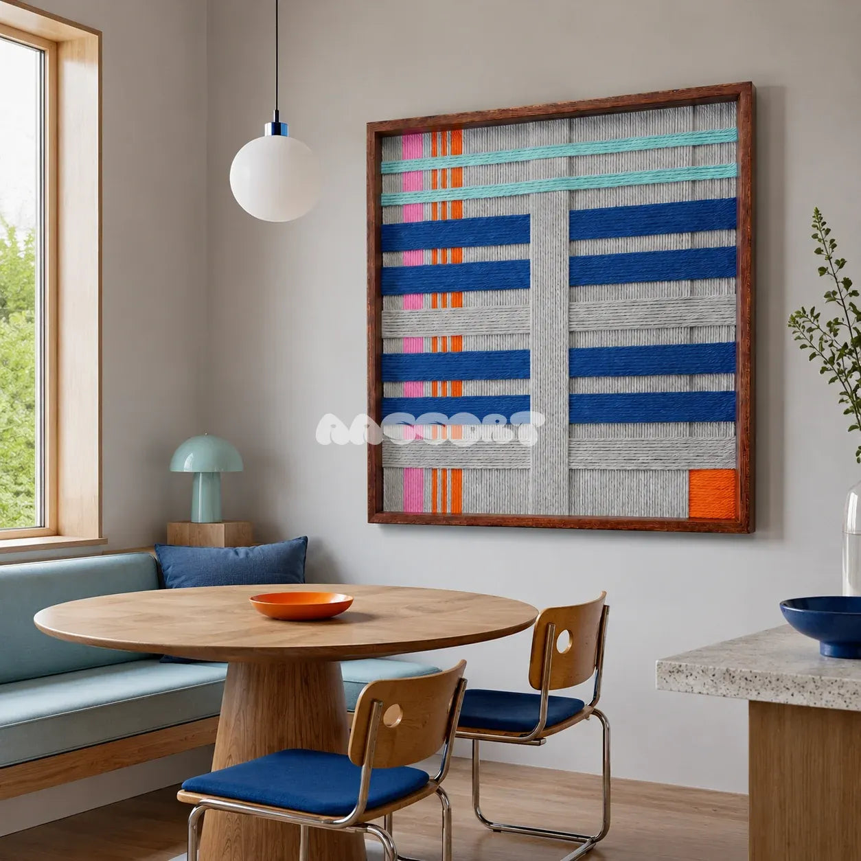 Silent Dopamine SQ108 framed fiber artwork featuring cobalt, aqua, pink, and orange accents over gray yarn.