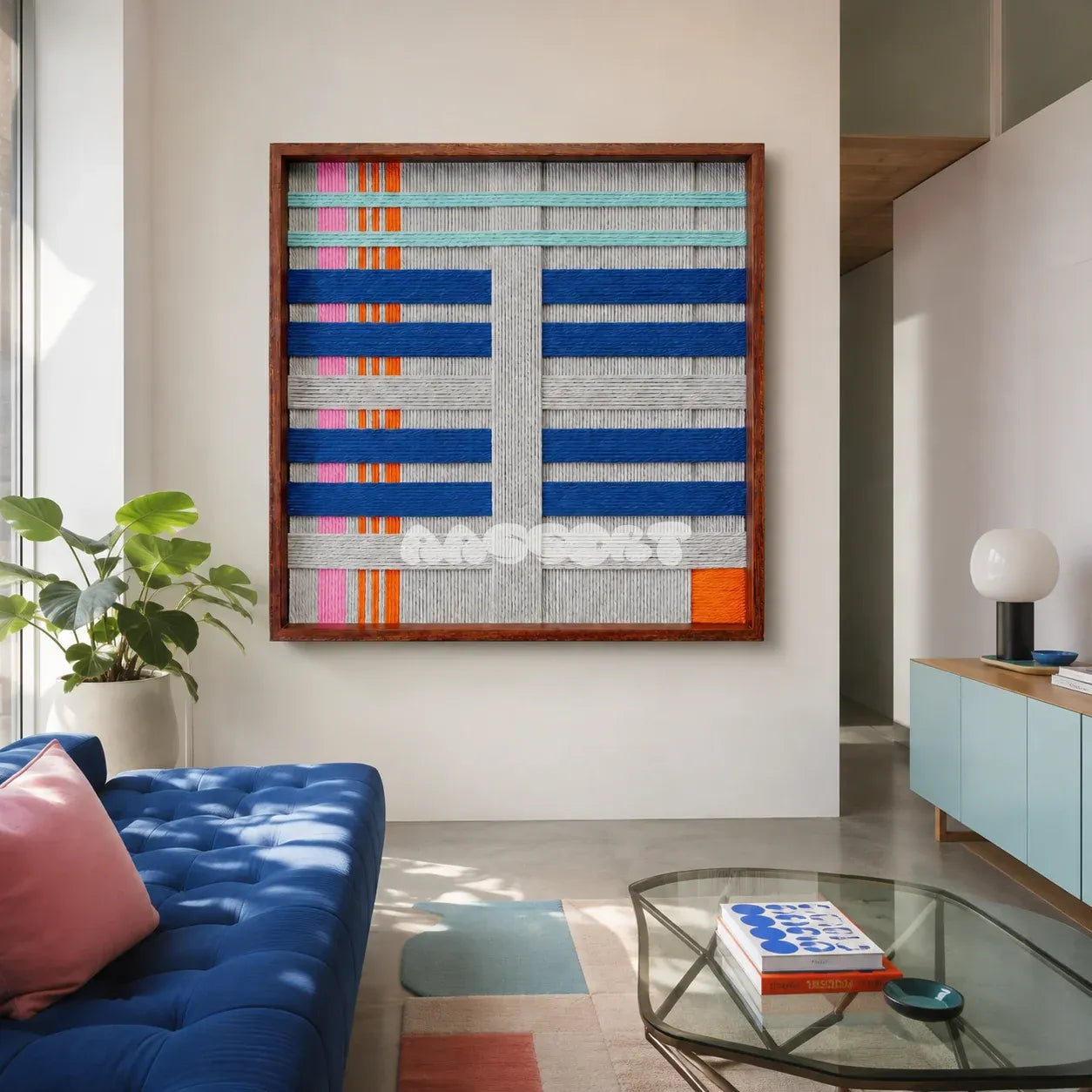 Silent Dopamine SQ108 abstract textile artwork with colorful geometric lines and a bright orange square accent.