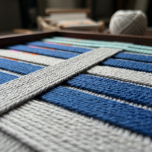 Macro view of Silent Dopamine SQ108 showing raised gray yarn layered over horizontal cobalt blue bands.