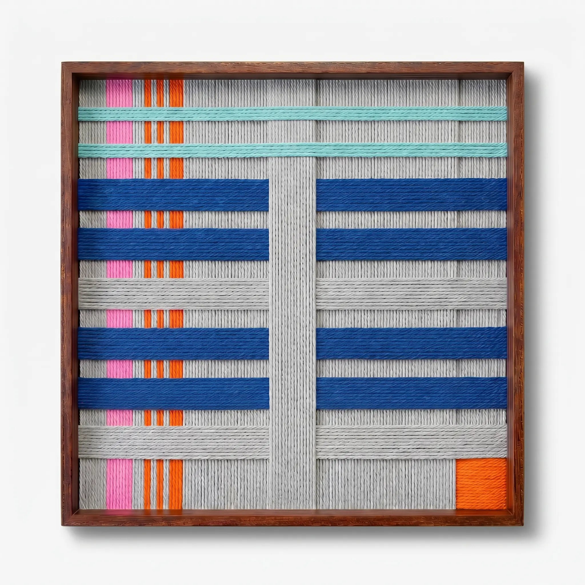 Front view of Silent Dopamine SQ108 blue and orange geometric yarn wall art in a frame on a white background.