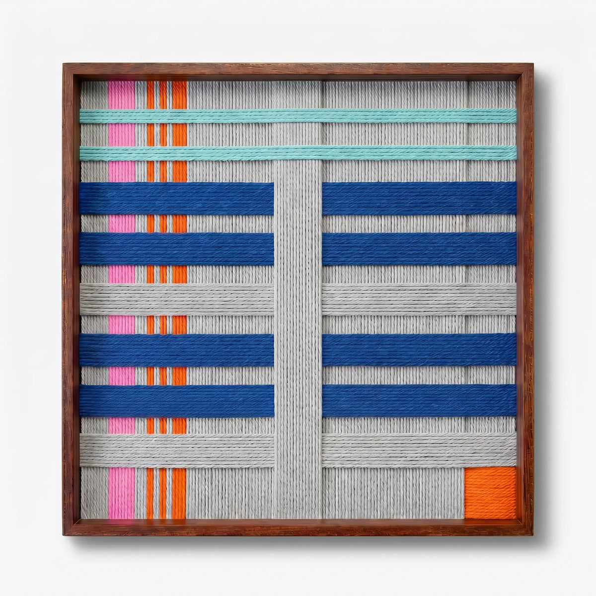 Front view of Silent Dopamine SQ108 blue and orange geometric yarn wall art in a frame on a white background.