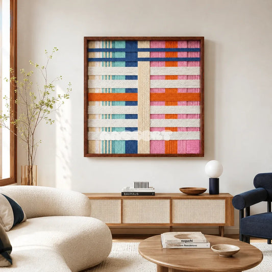 Scale of Joy SQ109 framed textile art with white, aqua, cobalt blue, vibrant pink, and orange geometric yarn.