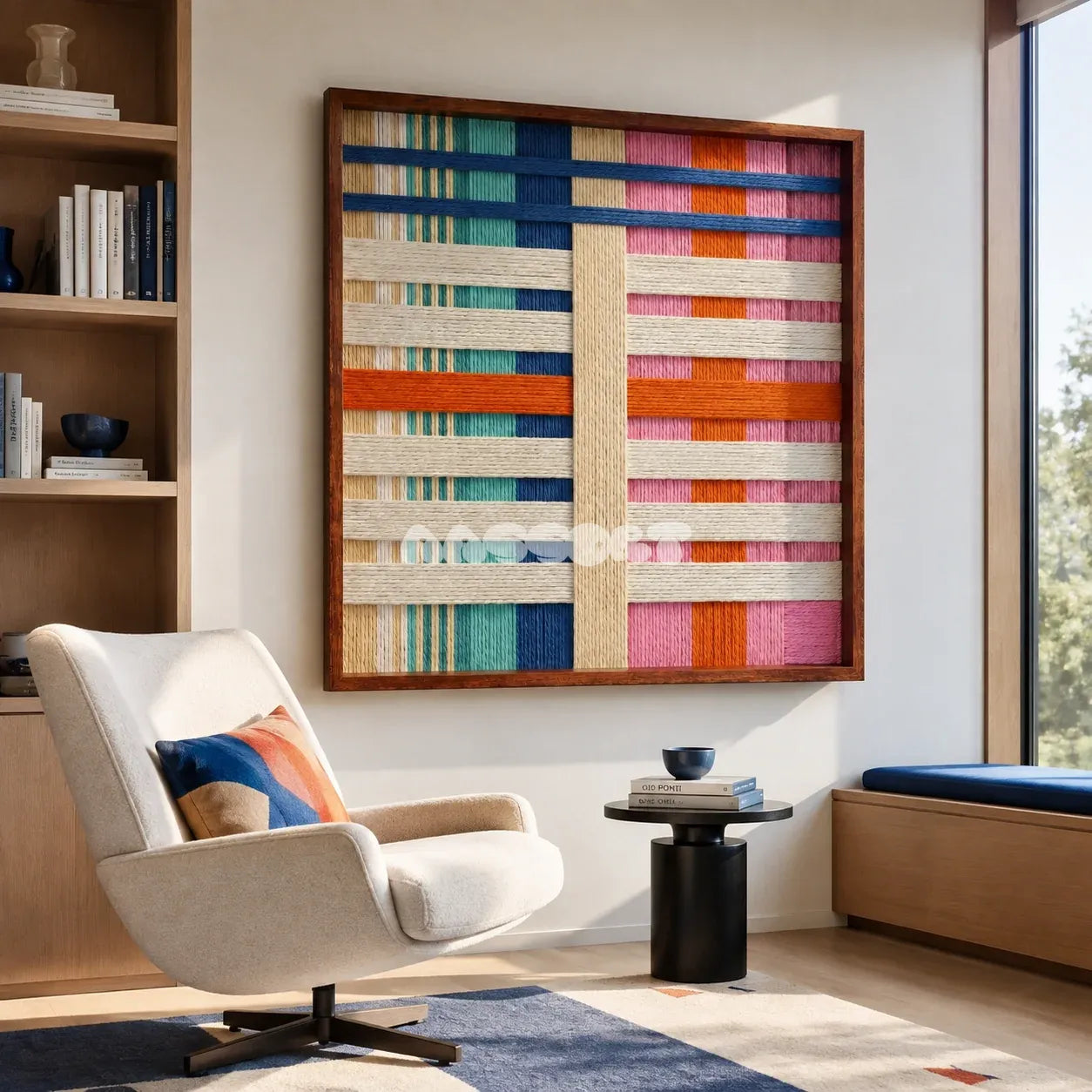 Scale of Joy SQ109 framed fiber artwork featuring aqua, cobalt, pink, orange, and white yarn blocks.