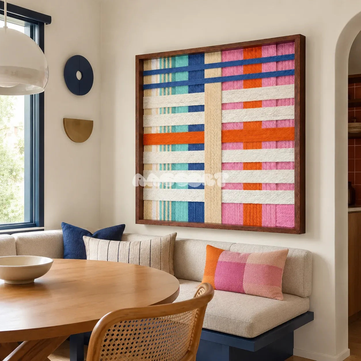 Scale of Joy SQ109 abstract textile artwork with a vibrant interwoven grid of cool and warm colors.