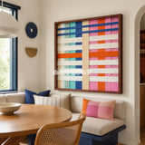 Scale of Joy SQ109 abstract textile artwork with a vibrant interwoven grid of cool and warm colors.