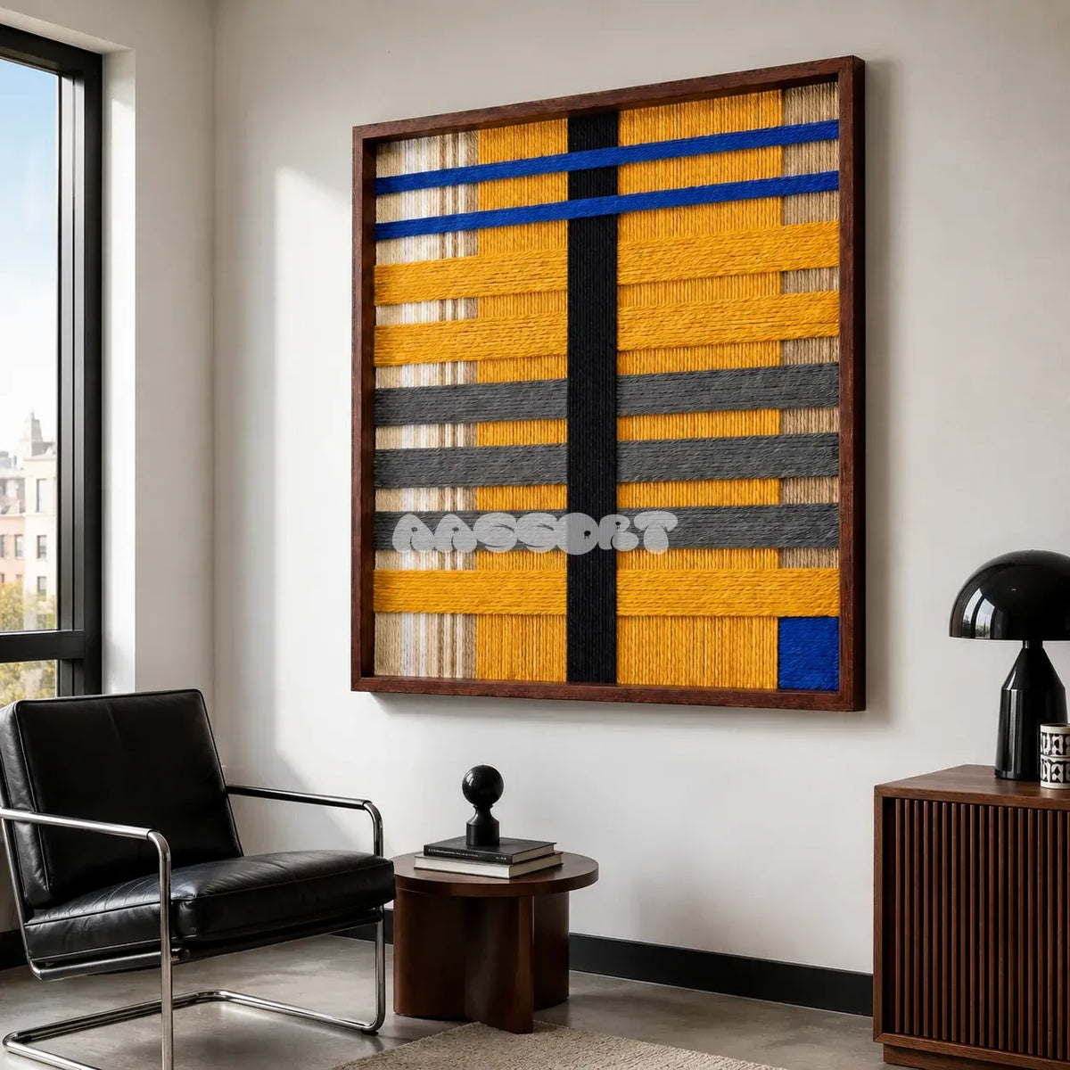 Golden Monsoon SQ110 geometric textile wall art displayed as a bold modern interior statement piece.