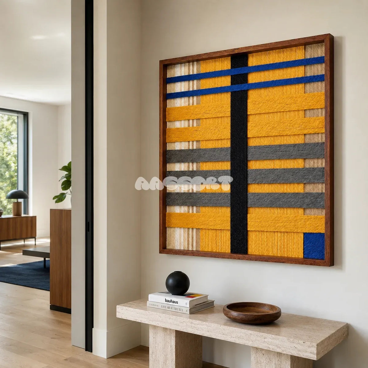 Golden Monsoon SQ110 framed fiber artwork featuring yellow, charcoal, black, cream, and cobalt yarn blocks.