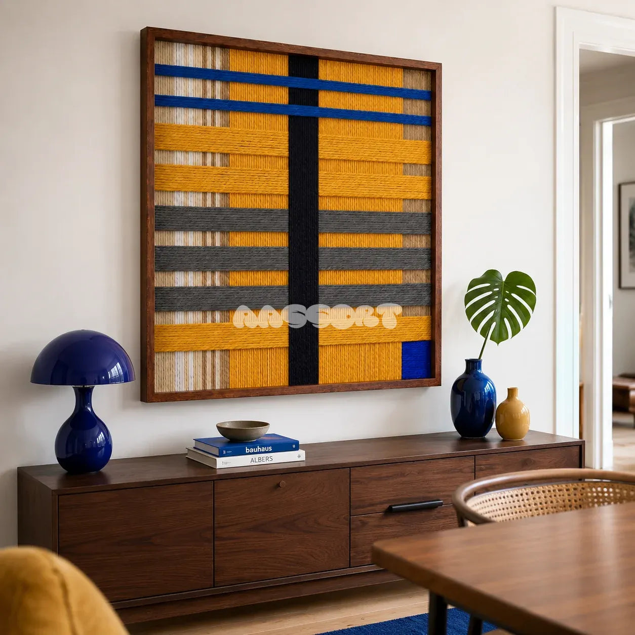 Golden Monsoon SQ110 modern geometric yarn wall art in a sleek framed presentation.