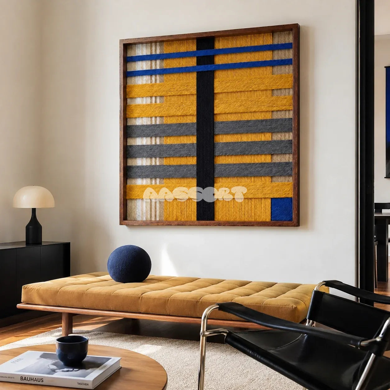Golden Monsoon SQ110 abstract textile artwork with golden yellow and charcoal bands accented by cobalt blue.