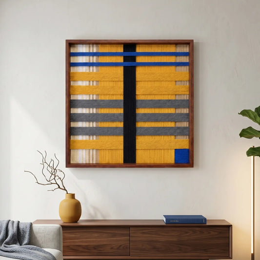 Golden Monsoon SQ110 mustard yellow and gray textile wall art displayed above a mid-century wooden sideboard.