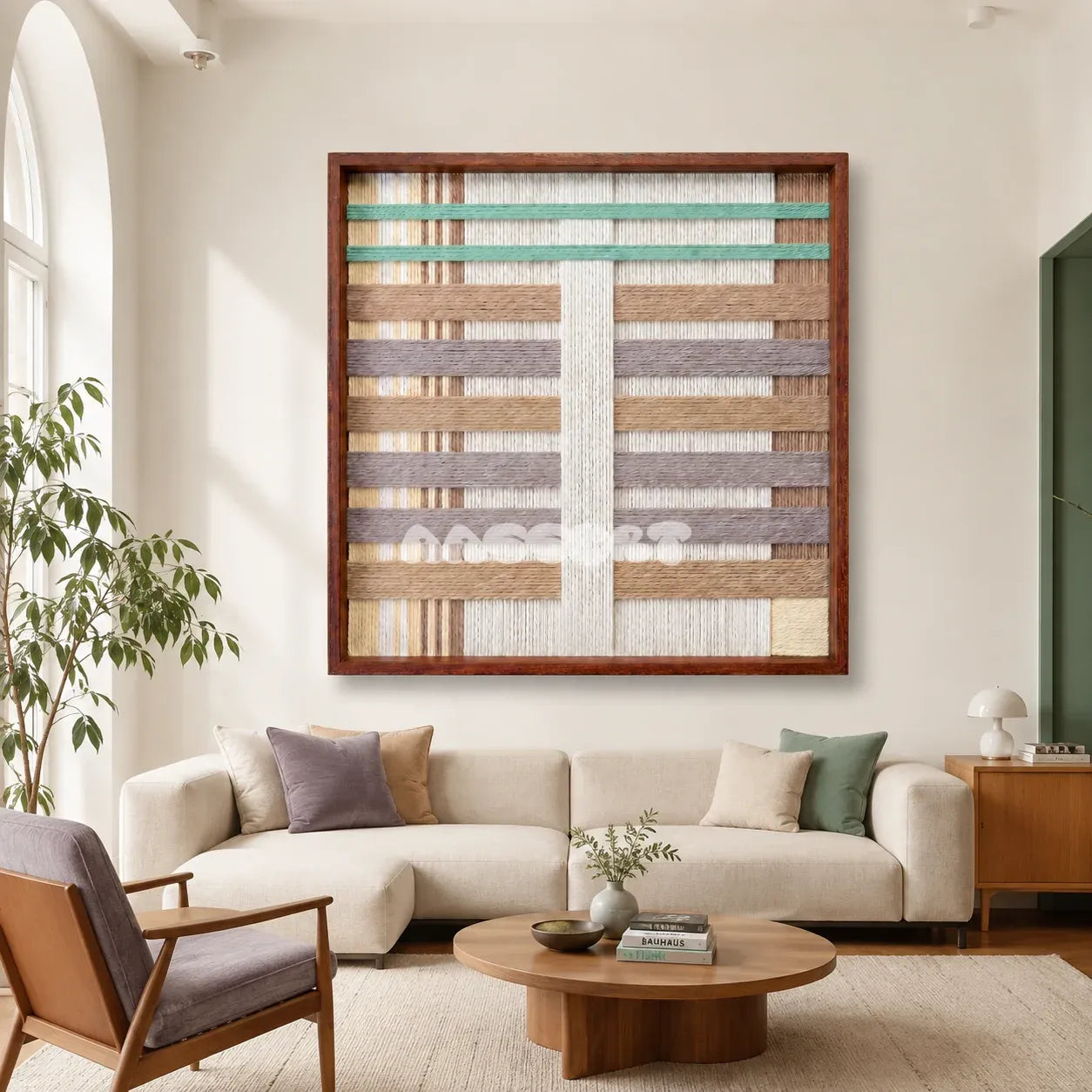 Sleeping Flora SQ111 framed textile art with cream, muted lavender, earthy beige, and mint green geometric yarn.
