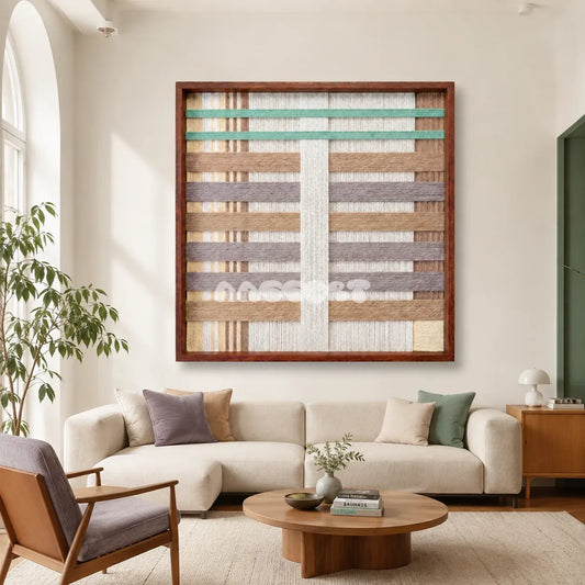 Sleeping Flora SQ111 framed textile art with cream, muted lavender, earthy beige, and mint green geometric yarn.