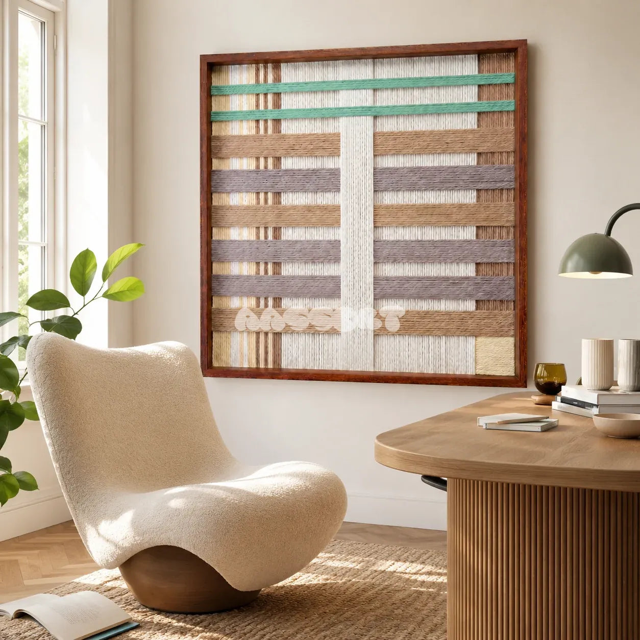 Sleeping Flora SQ111 framed yarn wall art featuring a tranquil interwoven grid in soft botanical colors.