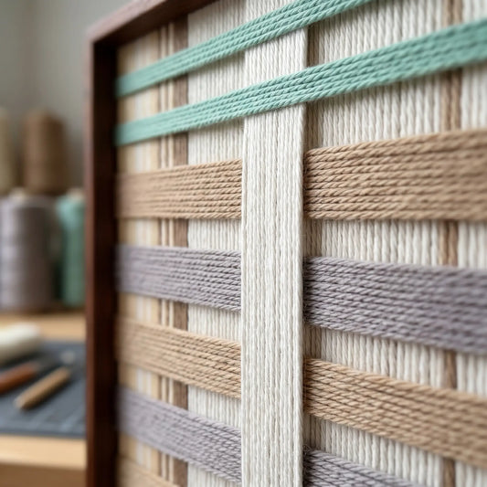 Close-up of Sleeping Flora SQ111 showing layered mint, beige, and cream hand-wrapped yarn beside the frame.