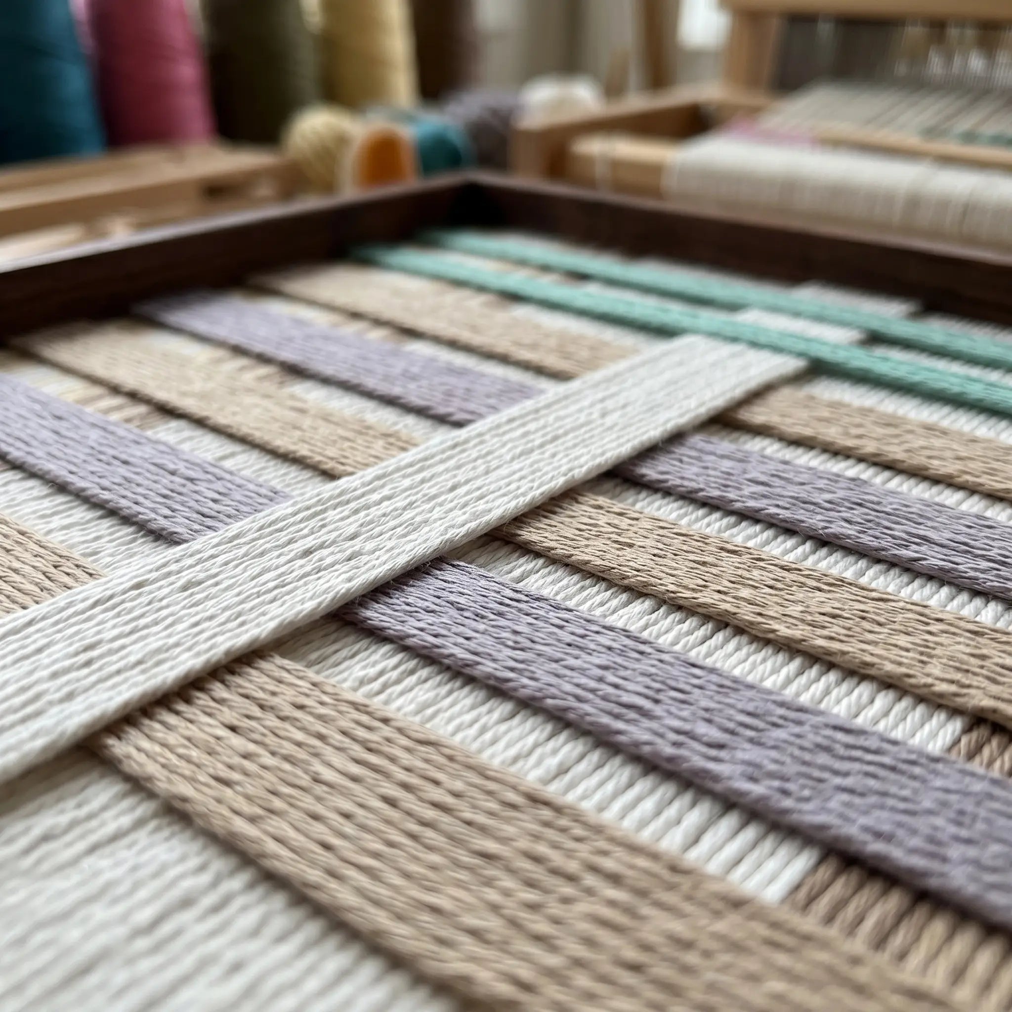 Angled close-up of Sleeping Flora SQ111 showing raised cream yarn woven over lavender and beige layers.