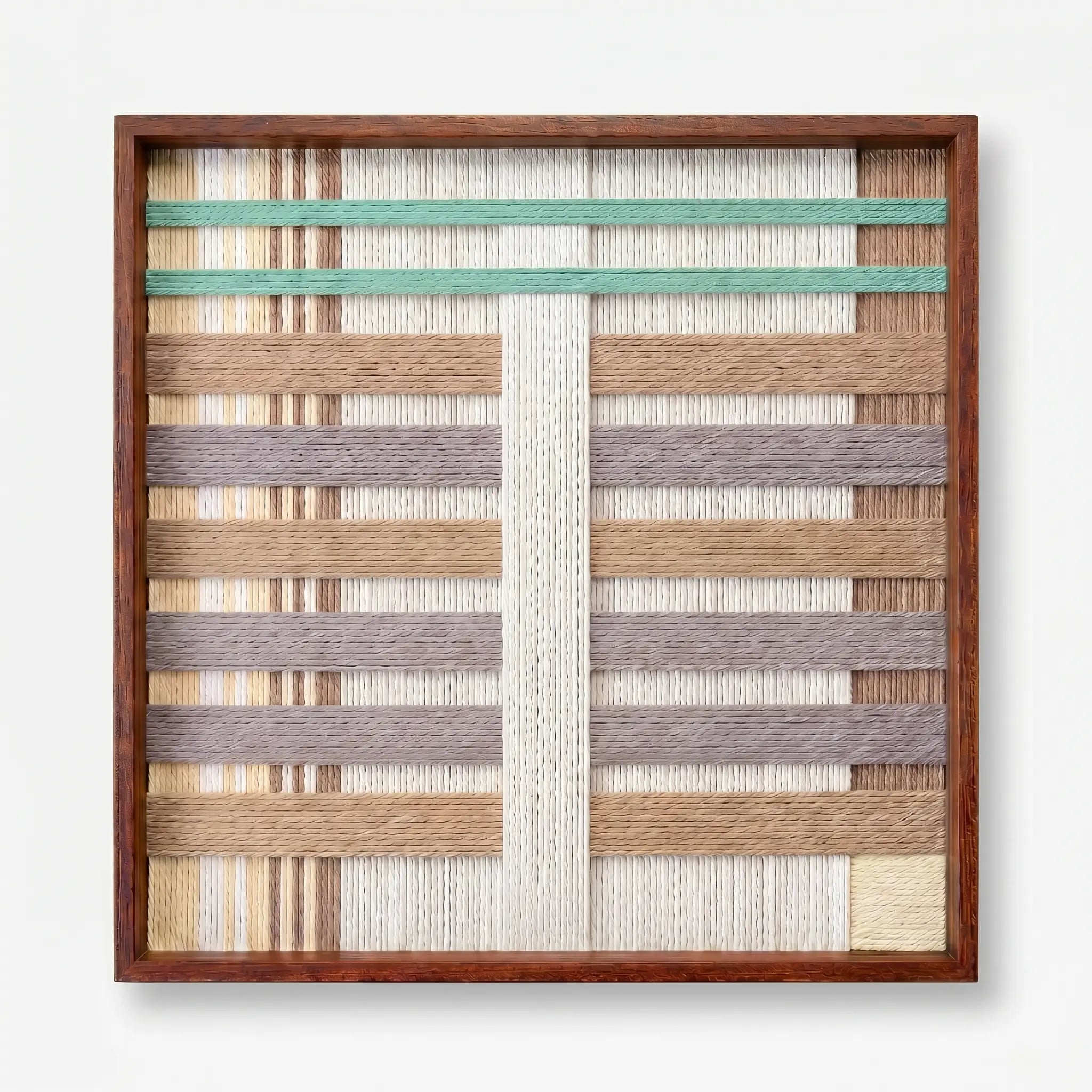 Front view of Sleeping Flora SQ111 pastel geometric yarn wall art in a frame on a clean white background.