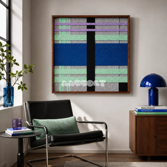 Winter Aurora SQ112 framed textile art with light gray, black, cobalt blue, mint green, and lavender yarn.