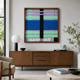 Winter Aurora SQ112 abstract textile artwork with an electric cobalt band and frosty mint and lavender accents.