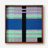 Front view of Winter Aurora SQ112 cobalt, mint, and lavender geometric yarn wall art in a frame on a white background.
