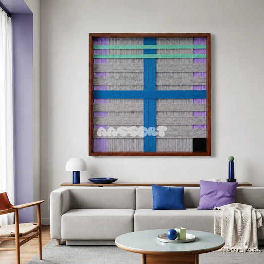 Cobalt Window SQ113 framed textile art with light gray, purple, cobalt blue, mint green, and black yarn.