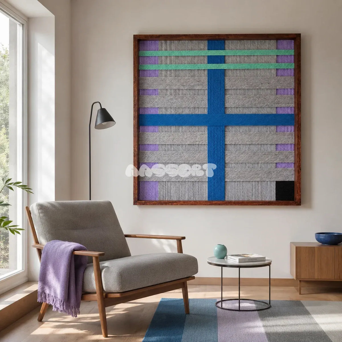 Cobalt Window SQ113 geometric textile wall art displayed as a serene architectural interior statement piece.