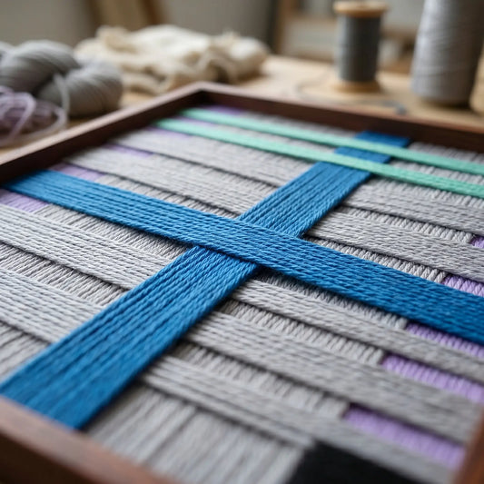 Angled macro view of Cobalt Window SQ113 showing raised cobalt yarn over gray and purple background layers.