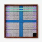 Front view of Cobalt Window SQ113 blue cross and mint stripe yarn wall art in a frame on a white background.