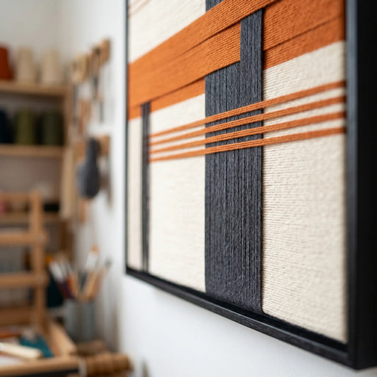 Angled studio view of Terracotta Dusk SQ114 showing dimensional terracotta and gray yarn in a black frame.