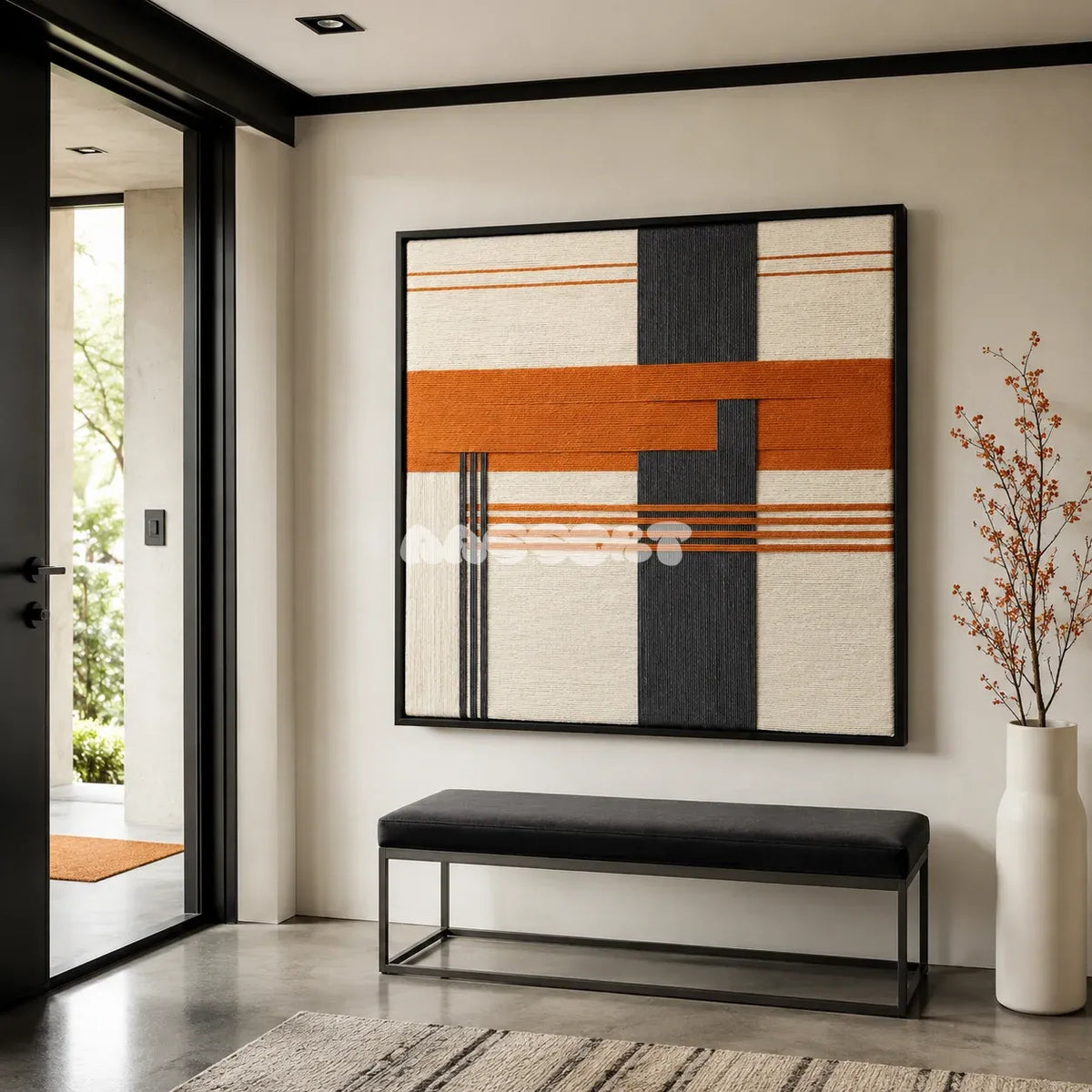 Terracotta Dusk SQ114 geometric textile wall art displayed as a warm mid-century interior statement piece.
