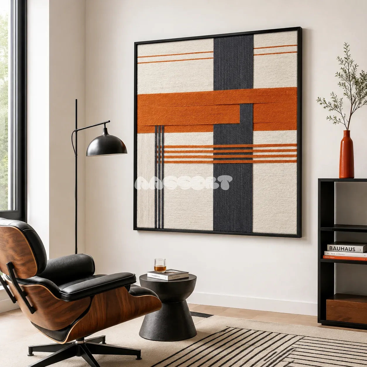 Terracotta Dusk SQ114 framed fiber artwork featuring bold charcoal and terracotta bands over cream yarn.